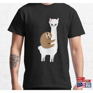 Adorable Sloth Relaxing On A Llama Classic Tshirt Tee